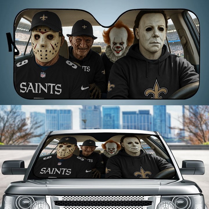 New Orleans Saints Horror Movie Car Sunshade | NFL Halloween Windshield Cover Funny Car Sunshade Limited Edition