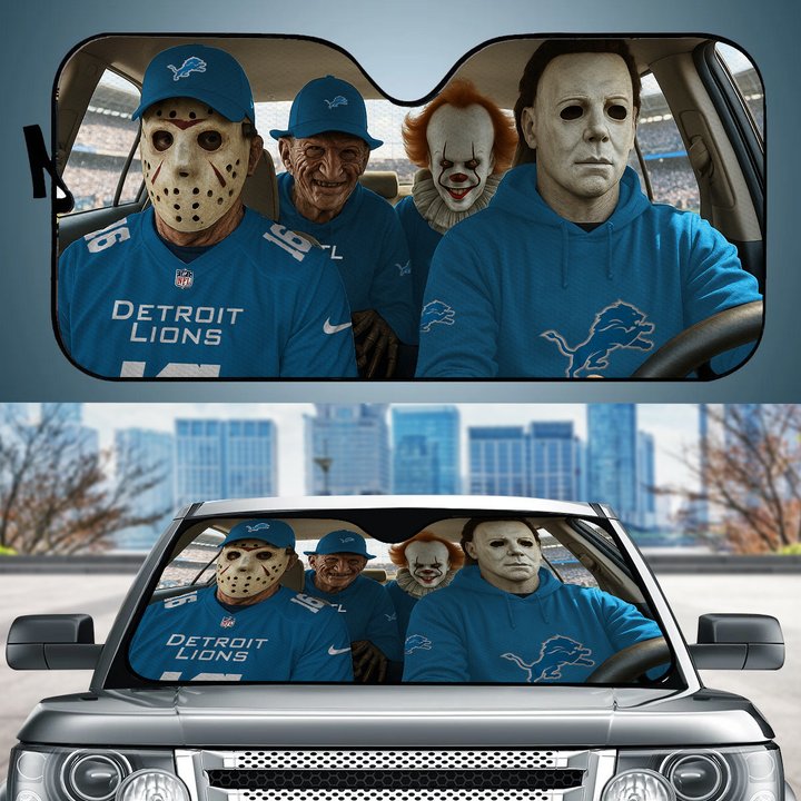 Detroit Lions Horror Movie Car Sunshade | NFL Halloween Windshield Cover Funny Car Sunshade Limited Edition
