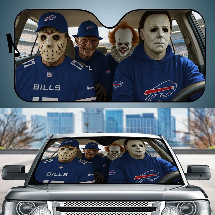 Buffalo Bills Horror Movie Car Sunshade | NFL Halloween Windshield Cover Funny Car Sunshade Limited Edition