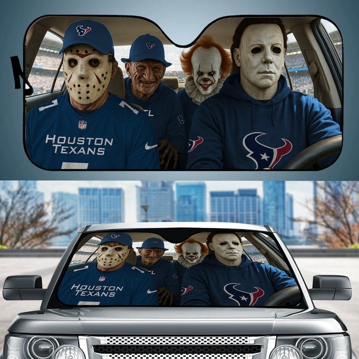 Houston Texans Horror Movie Car Sunshade | NFL Halloween Windshield Cover Funny Car Sunshade Limited Edition