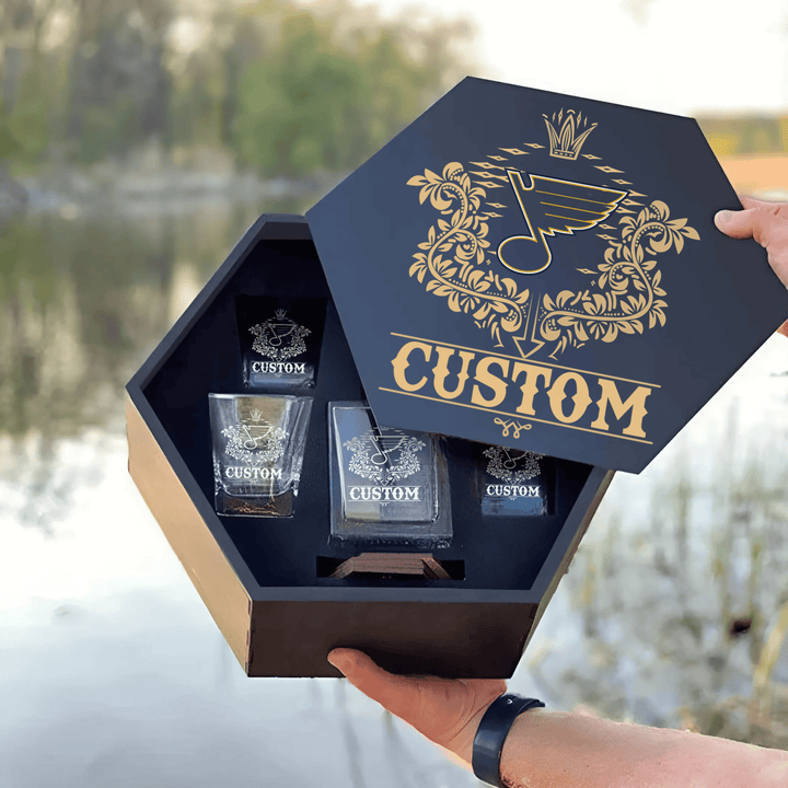 Personalized St. Louis Blues Decanter Set Wooden Box Custom Gift