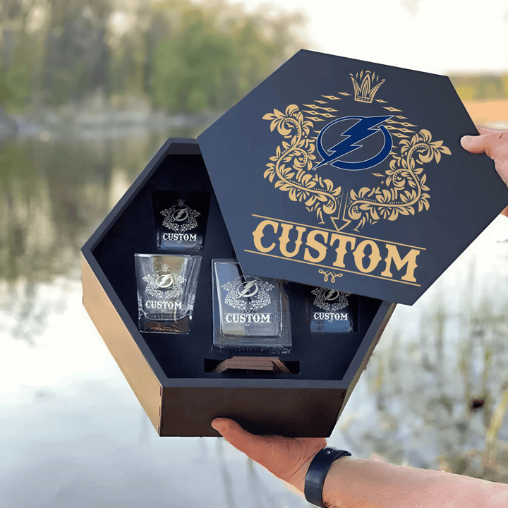 Personalized Tampa Bay Lightning Decanter Set Wooden Box Custom Gift
