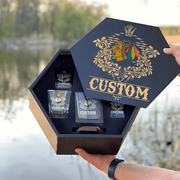 Personalized Chicago Blackhawks Decanter Set Wooden Box Custom Gift