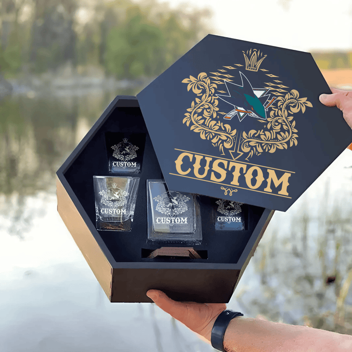 Personalized San Jose Sharks Decanter Set Wooden Box Custom Gift