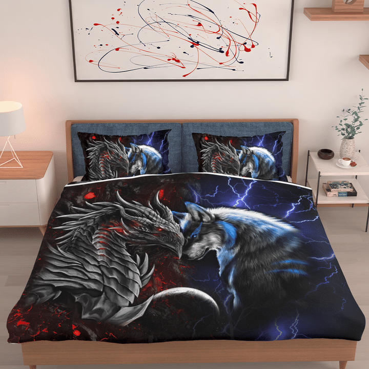 Dragon and Wolf Blue Bedding Set - BS006