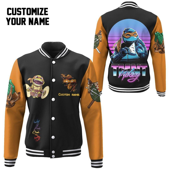 MysticLife 3D Michelangelo TMNT Mike Mikey Cosplay Orange Custom Name Baseball Jacket