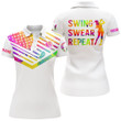 Womens golf polo shirt watercolor American flag custom name swing swear repeat white golf shirt NQS3446 - 1