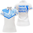 Womens golf polo shirt blue American flag custom name swing swear repeat white golf shirt NQS3633 - 1