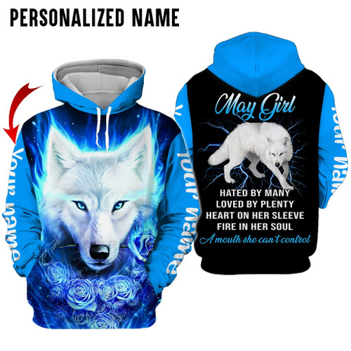 Personalized Name Birthday Outfit May Girl 3D All Over Printed Birthday Shirt Wolf Flower Blue