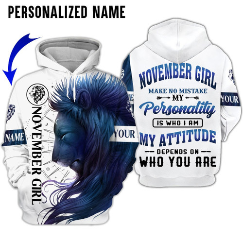 Personalized Name Birthday Outfit November Girl Lion Love Blue All Over Printed Birthday Shirt