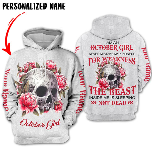 Personalized Name Birthday Outfit October Girl 3D All Over Printed Birthday Shirt Skull Rose Love