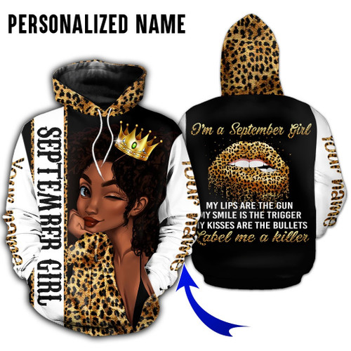 Personalized Name Birthday Outfit September Girl Leopard Black Women All Over Printed Birthday Shirt