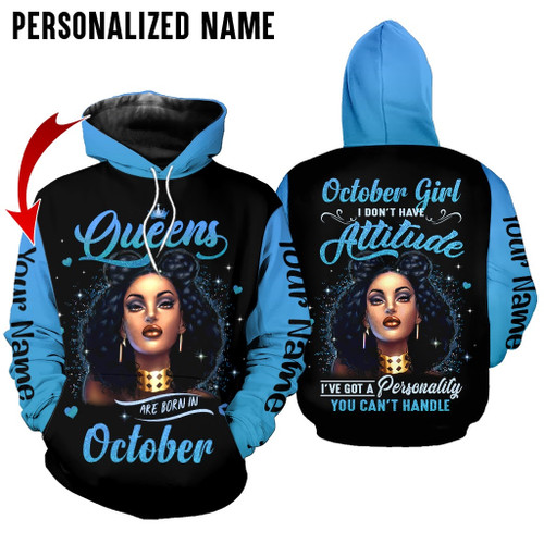 Personalized Name Birthday Outfit Birthday Outfit October Girl Queen Woman Blue All Over Printed Birthday Shirt
