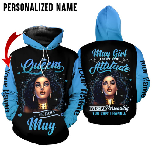 Personalized Name Birthday Outfit Birthday Outfit May Girl Queen Woman Blue All Over Printed Birthday Shirt