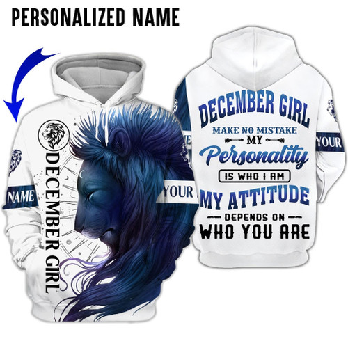 Personalized Name Birthday Outfit December Girl Lion Love Blue All Over Printed Birthday Shirt