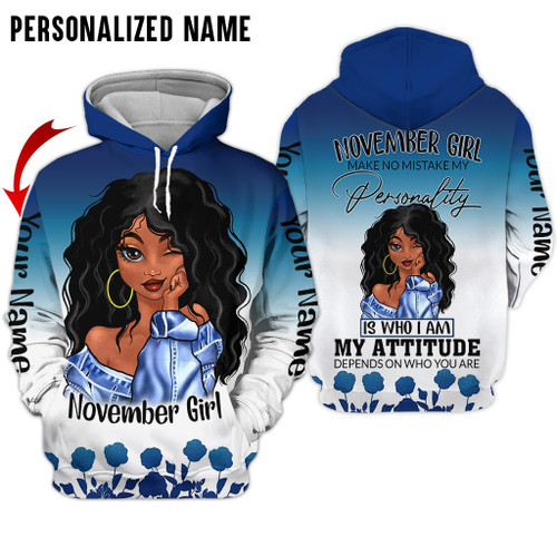 Personalized Name Birthday Outfit November Girl Black Women Flower All Over Printed Birthday Shirt