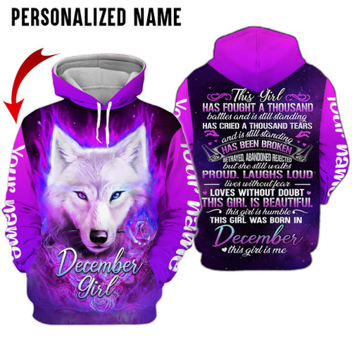 Personalized Name Birthday Outfit December Girl Wolf Flower All Over Printed Birthday Shirt
