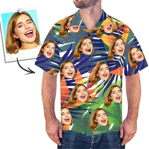 Personalized Photo Hawaiian Shirt Sea Leaves Custom Photo Hawaiian Shirt For Men Women Birthday Shirt