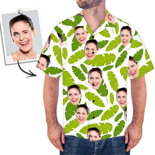Personalized Photo Hawaiian Shirt Grandpa Green Leaves Custom Photo Hawaiian Shirt For Men Women Birthday Shirt
