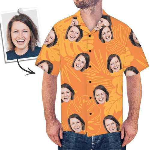 Personalized Photo Hawaiian Shirt Orange Leaves Custom Photo Hawaiian Shirt For Men Women Birthday Shirt