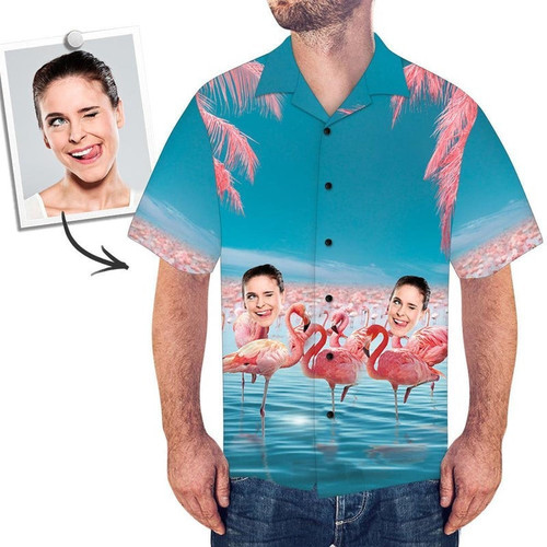 Personalized Photo Hawaiian Shirt Gift Flamingo Sea Custom Photo Hawaiian Shirt For Men Women Birthday Shirt
