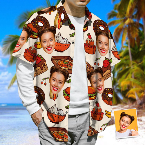 Personalized Photo Hawaiian Shirt 3D Face Print Hawaiian Shirt Cheese Burger Pizza Casual Tropical Funky Button-Down Shirt