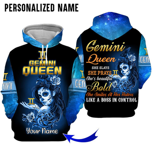 Personalized Name Gemini Shirt Girl Skull Queen All Over Printed Zodiac Clothes