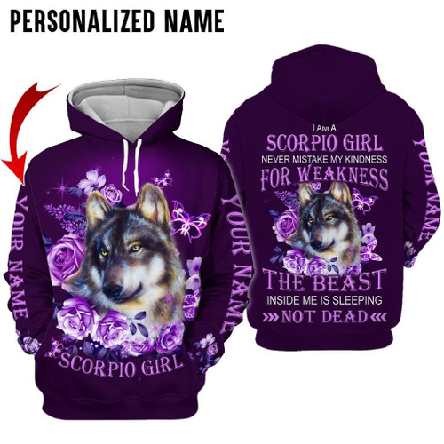 Personalize Name Scorpio Shirt Girl Wolf Flower Purple All Over Printed Zodiac Clothes