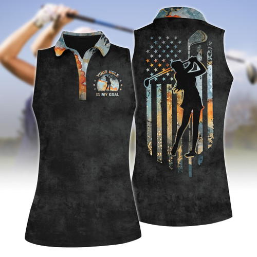 Your Hole Is My Goal Golf American Flag Women Polo Shirt Sleeveless Polo Shirt