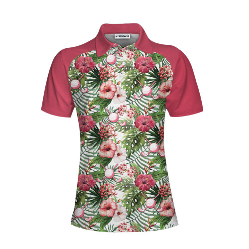 Golf Ball On Tropical Flowers Background Short Sleeve Women Polo Shirt
