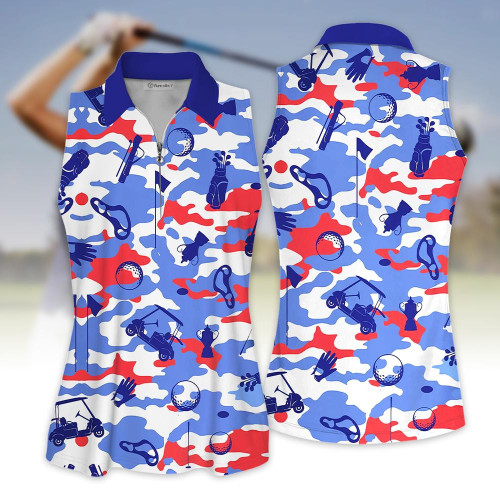 Sleeveless Polo Shirt For Golf Blue And Red And White Golf And Wine Golf Women Sleeveless Zip Polo Shirt