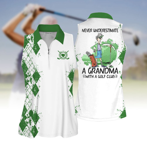 Sleeveless Polo Shirt For Golf For Ladies Never Underestimate A Grandma with a Golf Club Sleeveless Zip Polo Shirt