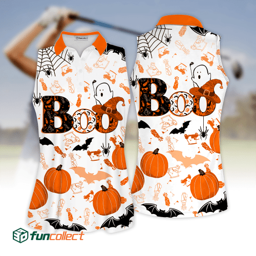 Boo Halloween Golf Pattern Orange Sleeveless Polo Shirt Sleeveless Zipper Polo Shirt Short Sleeve Long Sleeve Polo Shirt