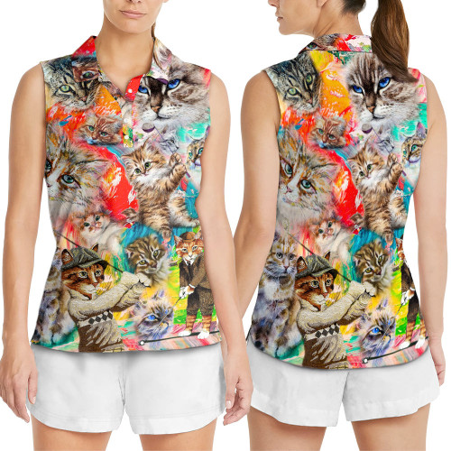 Cat Art Lover Cat Play Golf Colorful Style - Women's Sleeveless Polo Shirt