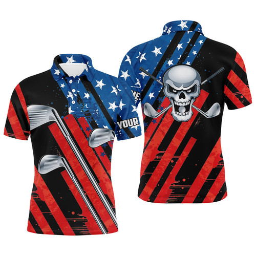 American Flag Golf Skull Patriotic Golf Clubs Black Men Polo Shirts Custom Team Golf Polo Shirt