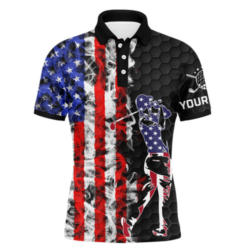 American Flag Mens Black Golf Polo Shirt Custom Name Patriotic Unique Golf Gift Ideas For Him