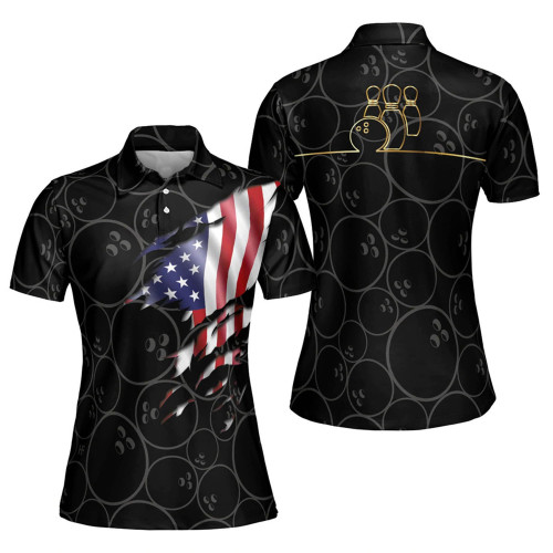 Bowling American Flag Black Pattern Short Sleeve Women Polo Shirt