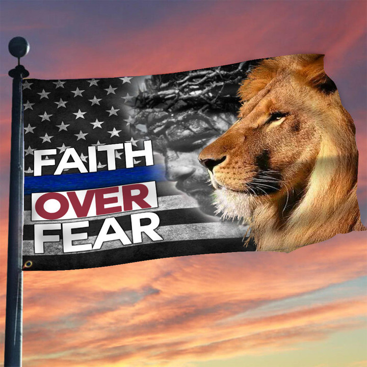 Thin Blue Line Faith Over Fear Jesus Lion Flag Law Enforcement Pride Christian Merch - 1