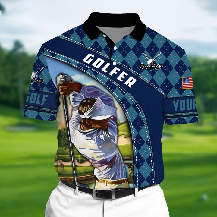 Golf Polo Shirt Unique Argyle Golf Polo 3D Printed Multicolor Personalized Golf Shirt Patriotic Golf Shirt For Men