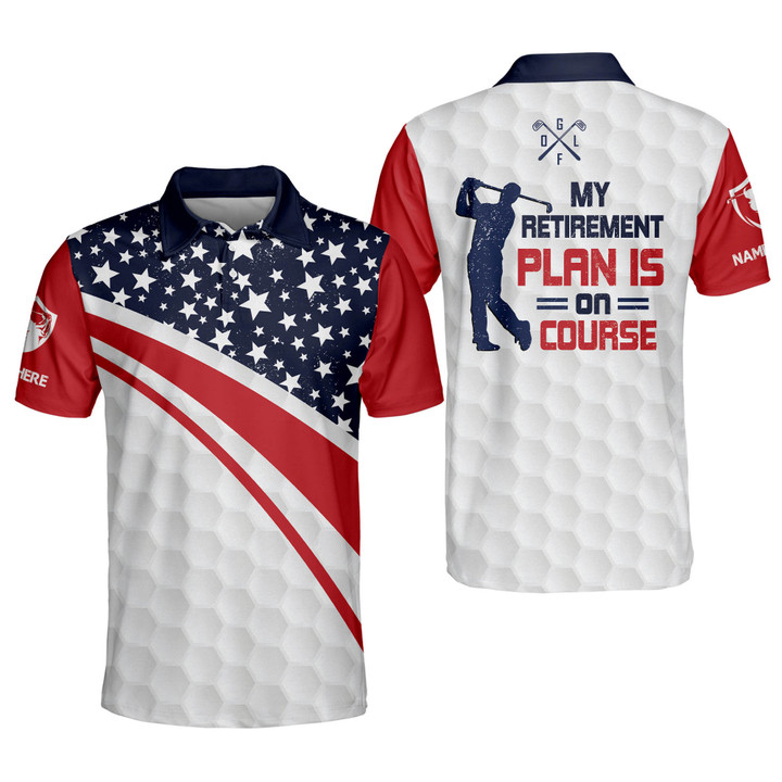 Personalized Funny Golf Shirts for Men Retired Mens Golf Shirts Short Sleeve My Retirement Plan is On Course Patriotic Golf Shirts for Men GOLF-268 - 1
