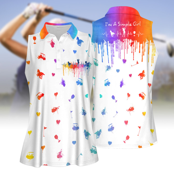 Simple Girl Loves Wine Golf Horse Watercolor Women Short Sleeve Polo Shirt Sleeveless Polo Shirt