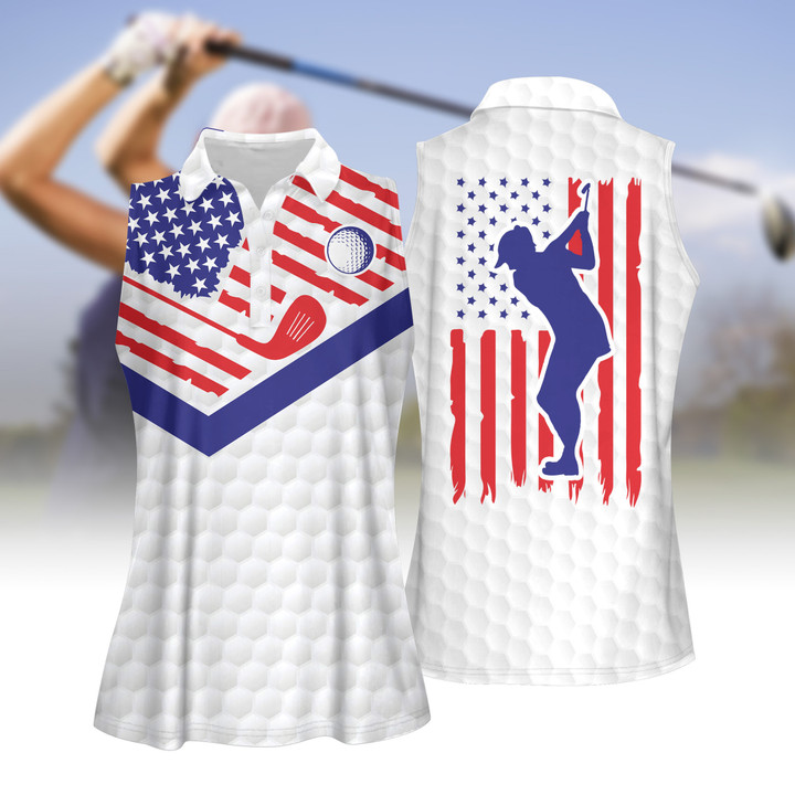 Golf Texture America Flag With Silhouette Women Short Sleeve Polo Shirt Sleeveless Polo Shirt