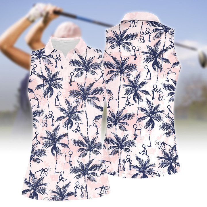 Funny Golf Stick Figures Pink Palm Tree Women Short Sleeve Polo Shirt Sleeveless Polo Shirt