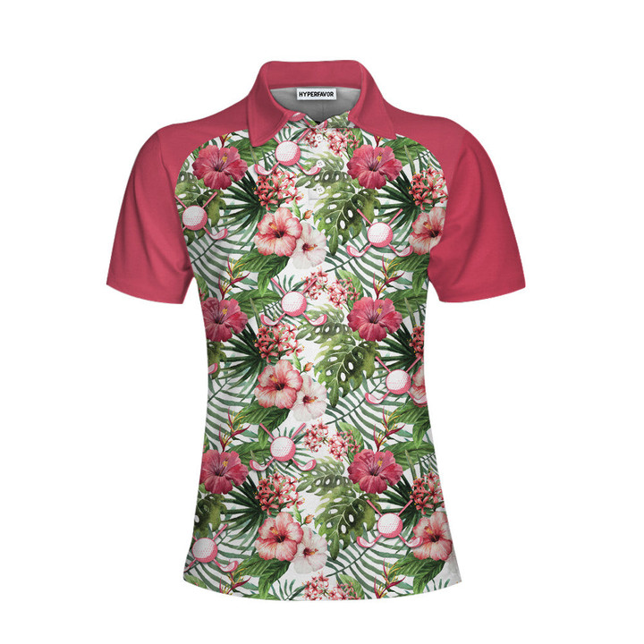 Golf Ball On Tropical Flowers Background Short Sleeve Women Polo Shirt - 1