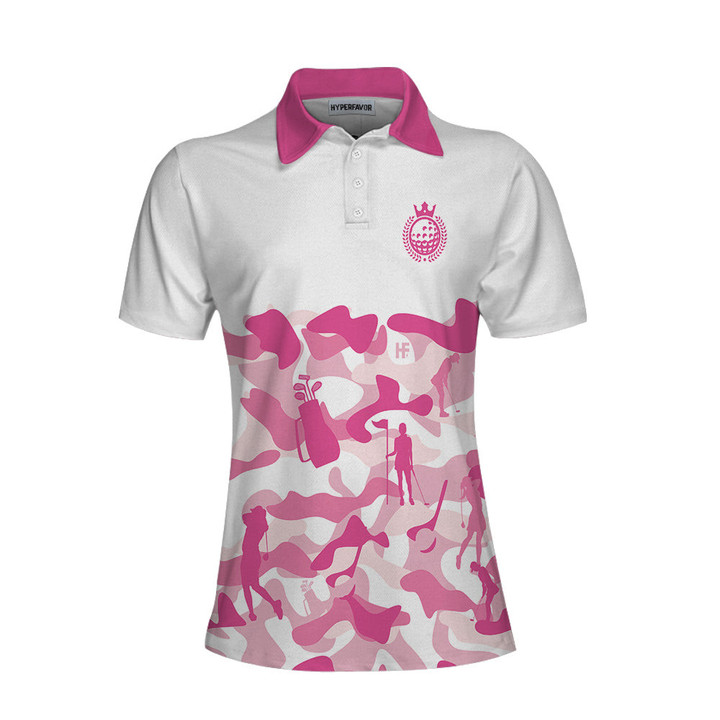 Pink Camouflage Pattern With Women Golfer Short Sleeve Women Polo Shirt White And Pink Camo Golf Shirt For Ladies - 1