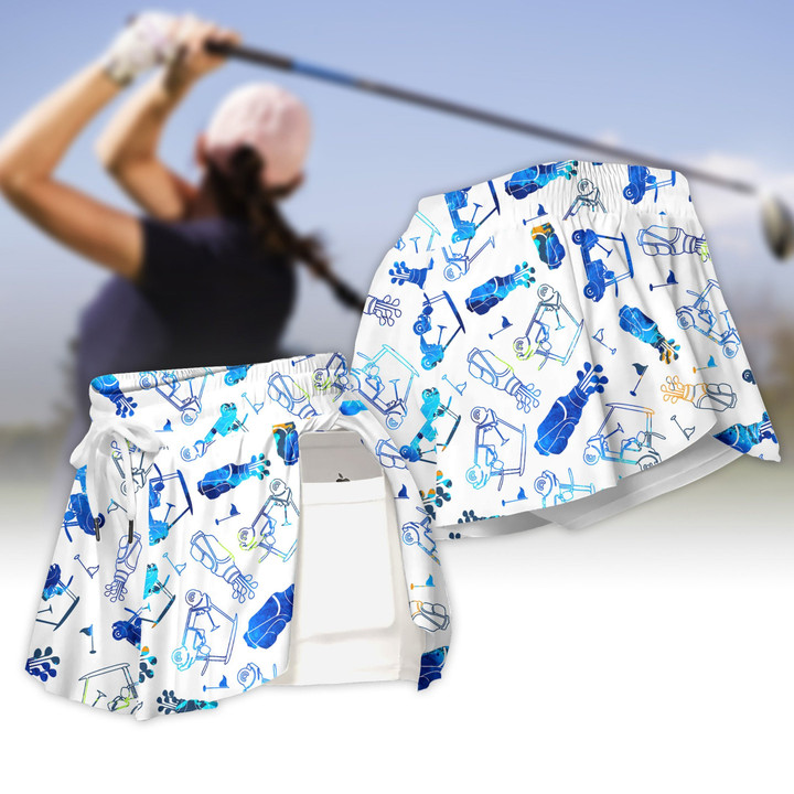 Blue Watercolor Golf Pattern Womens Sport Culottes With Pocket - 1