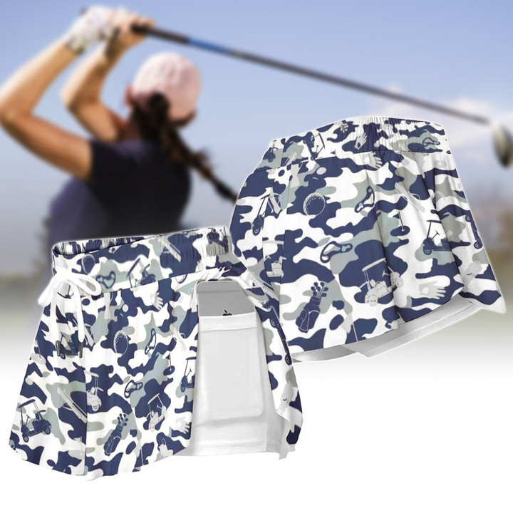 Blue And White Camouflage Golf Set Womens Sport Culottes With Pocket - 1