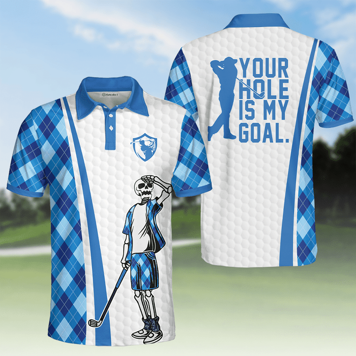 Your Hole Is My Goal Remastered Short Sleeve Golf Polo Shirt, Blue Argyle Pattern Polo Shirt, Best Golf Shirt For Men