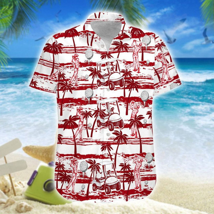 Golf Red Palm Tree Hawaii Fit Short Sleeve Slim Fit Casual Full Print Shirt - 1