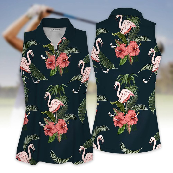 Sleeveless Polo Shirt For Golf Seamless Tropical Flamingo Golf Women Sleeveless Zip Polo Shirt